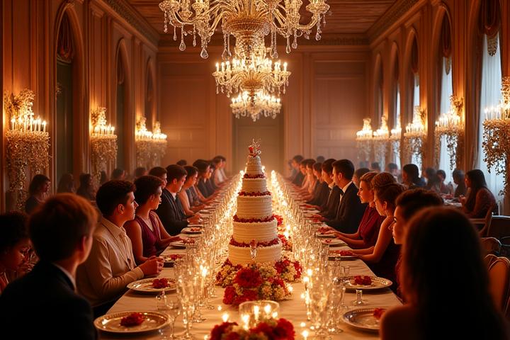 Lavish milestone birthday party inside a historic European castle ballroom
