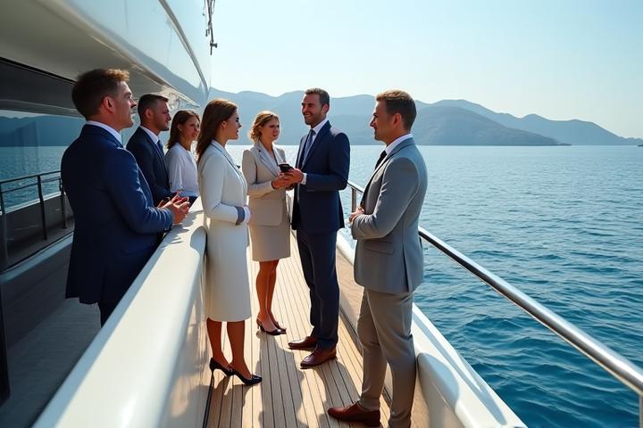 Executives networking on the deck of a sleek superyacht in the Mediterranean