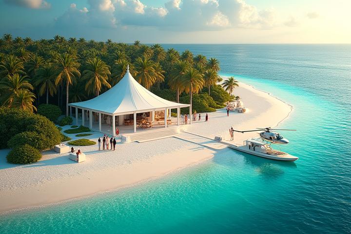 Stunning aerial view of a private island wedding with guests arriving by helicopter