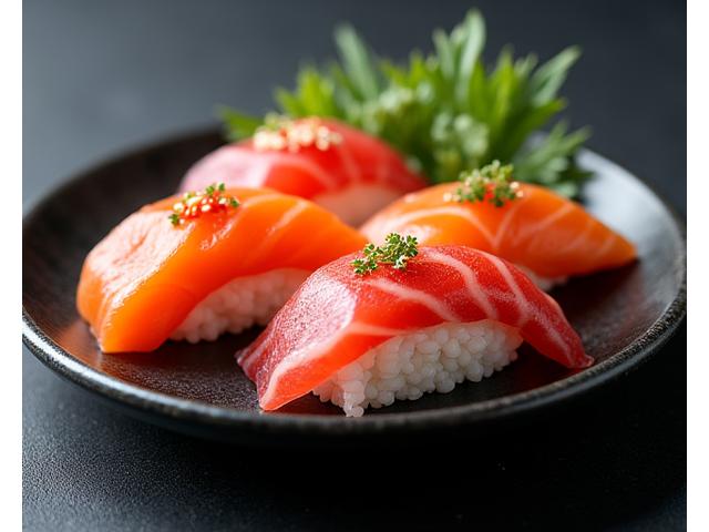 Artfully plated sushi and sashimi on a minimalist Japanese ceramic dish.