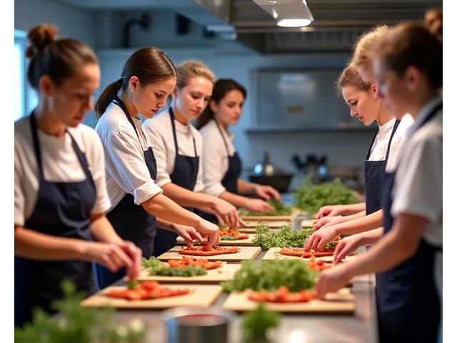 A small group participating in a hands-on cooking class in a professional kitchen.