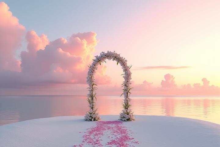 Private island wedding ceremony at sunset