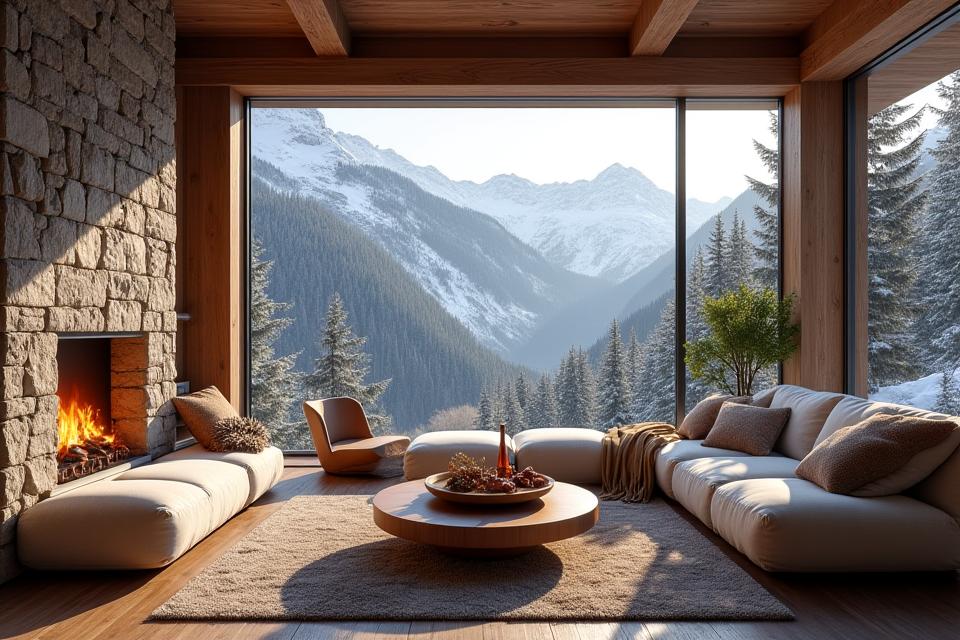 Luxurious and cozy mountain chalet interior with a fireplace and panoramic window view