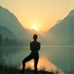 A serene yoga pose at sunrise with a backdrop of tranquil mountains