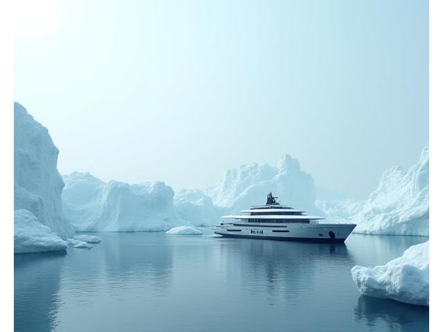 Luxury expedition vessel navigating through icebergs in the Arctic
