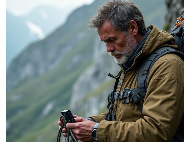 Professional mountain guide with advanced safety equipment checking gear