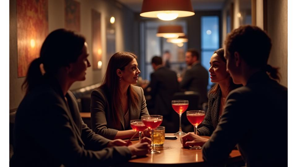 Group of well-dressed professionals networking at an exclusive event in a sophisticated lounge