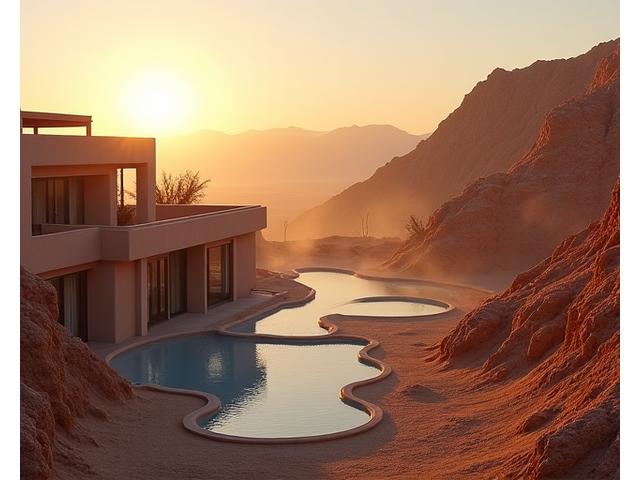 Exclusive desert spa destination with natural thermal springs, modern architecture blending with arid landscape, evening glow