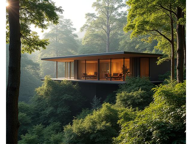 Eco-luxury lodge blending seamlessly with a dense forest, featuring sustainable design and an open-air yoga studio