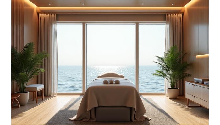 Luxurious onboard spa area with massage table and tranquil ocean backdrop.