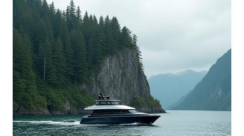 Lush green forested island on a Pacific Northwest fjord with a modern expedition yacht passing by.