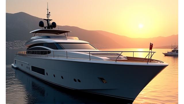 Sleek 100-foot luxury yacht docked in a serene Mediterranean port, reflecting the morning sun.